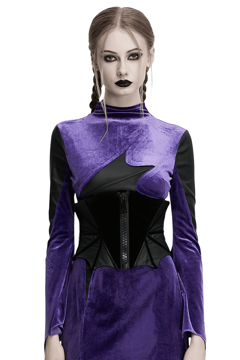 Gothic bat corset belt in black and purple velvet, styled with a lace-up back and dramatic bat wing panels.