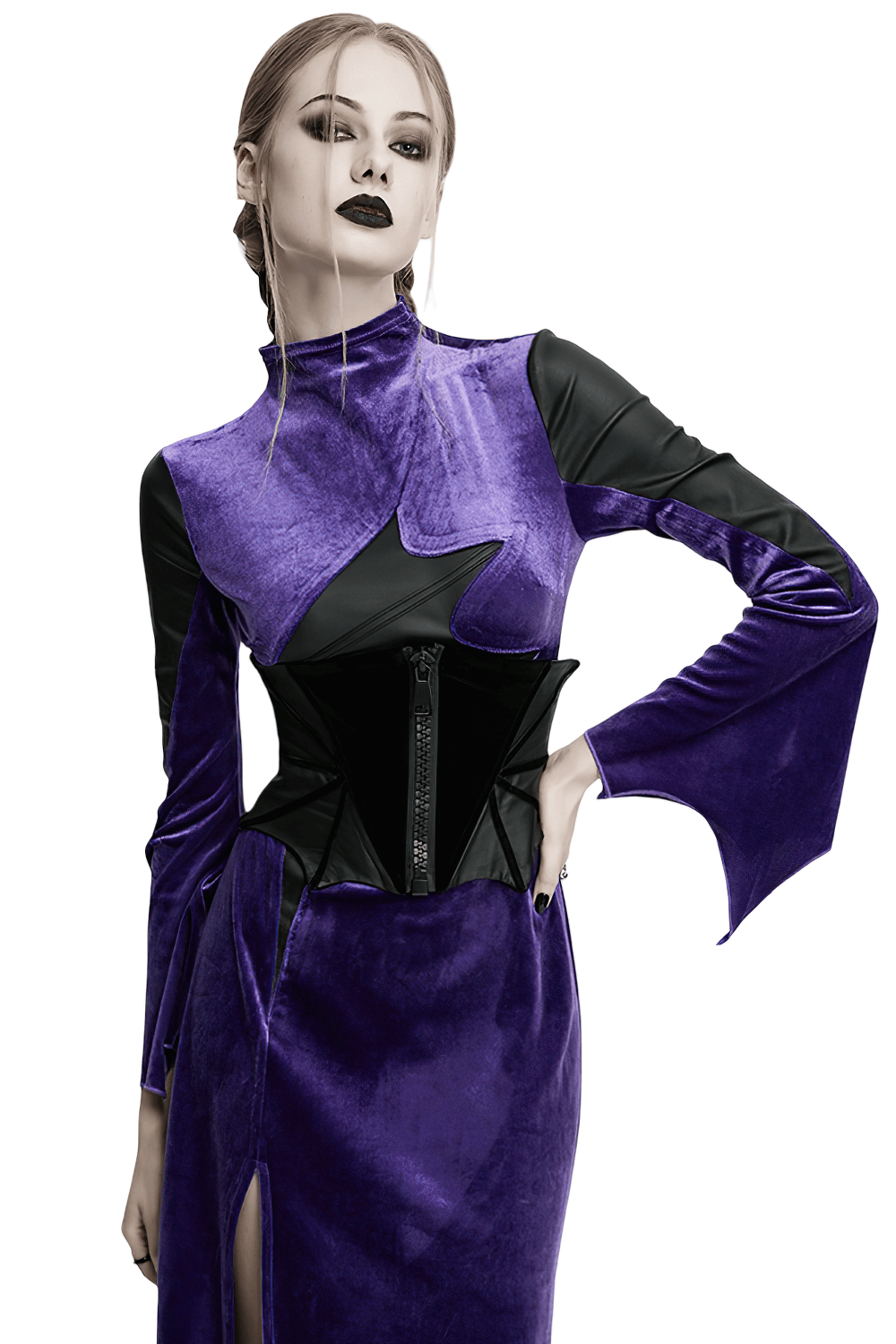 Gothic bat corset belt with velvet and PU panels, modeled in a black and purple outfit, exuding dark elegance.