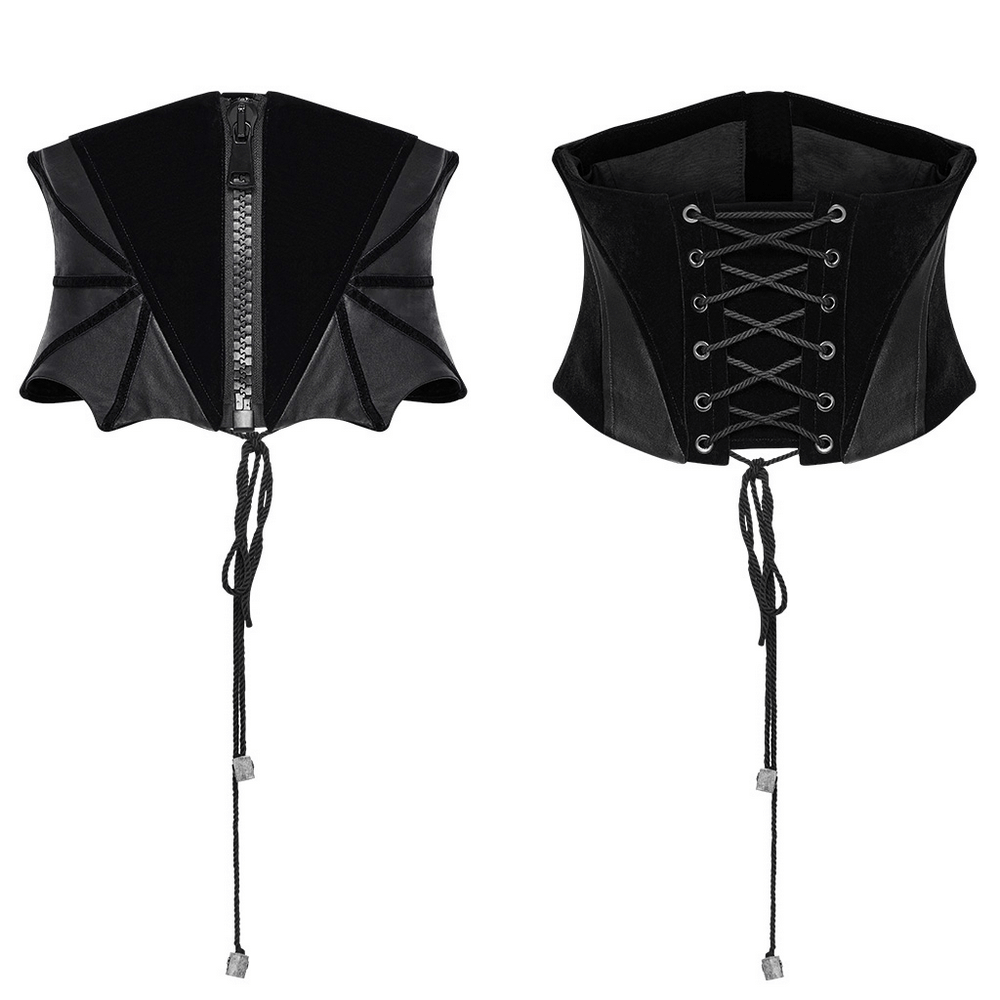 Gothic Bat Waist Corset Belt featuring velveteen, PU panels, spiderweb trim, and lace-up back design.