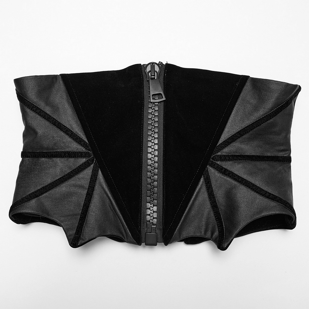 Gothic bat waist corset belt with velveteen and PU panels featuring spiderweb trim and zipper detail.