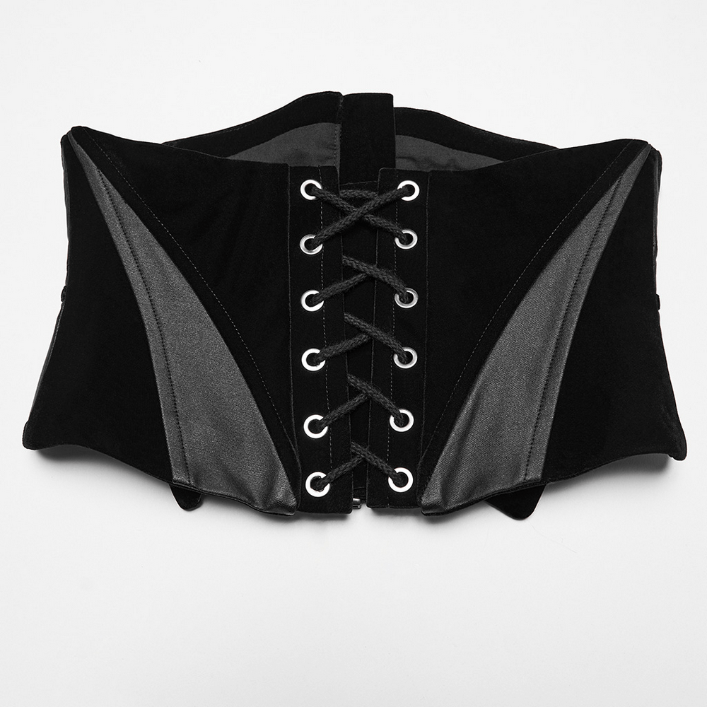 Gothic bat corset belt with velvet and PU panels, featuring lace-up design and snakeskin accents.
