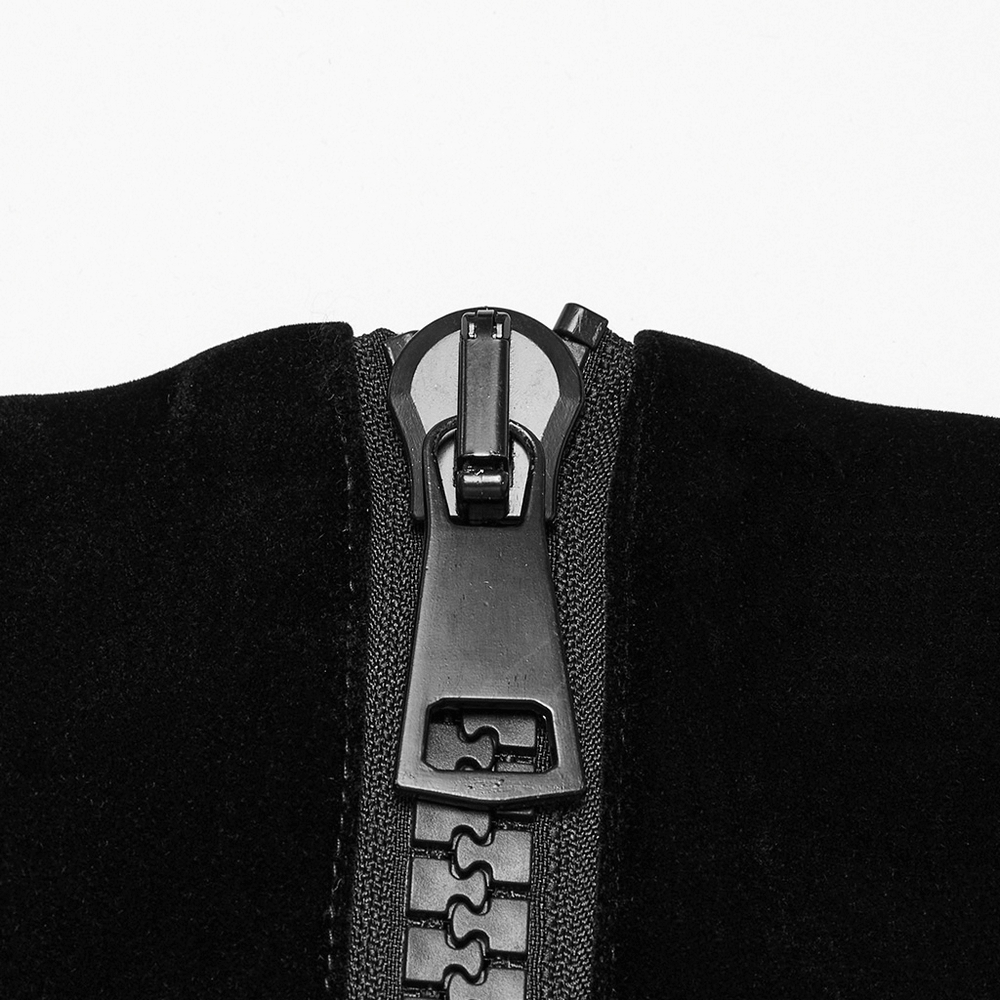 Close-up of the bold black zipper on a Gothic Bat Waist Corset Belt with velveteen fabric.