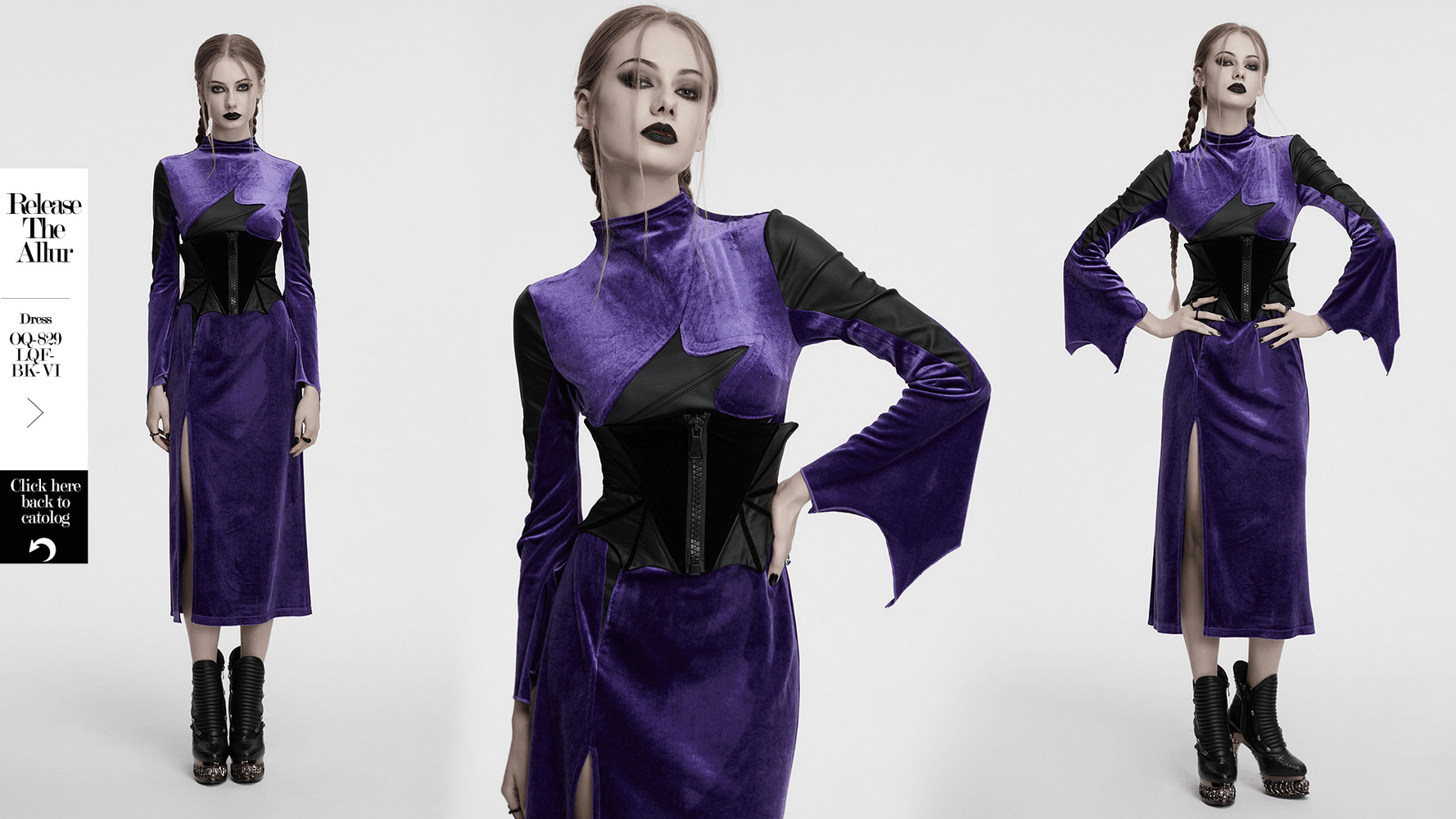 Gothic bat waist corset belt in velveteen with spiderweb trim and lace-up back, worn with a purple dress.