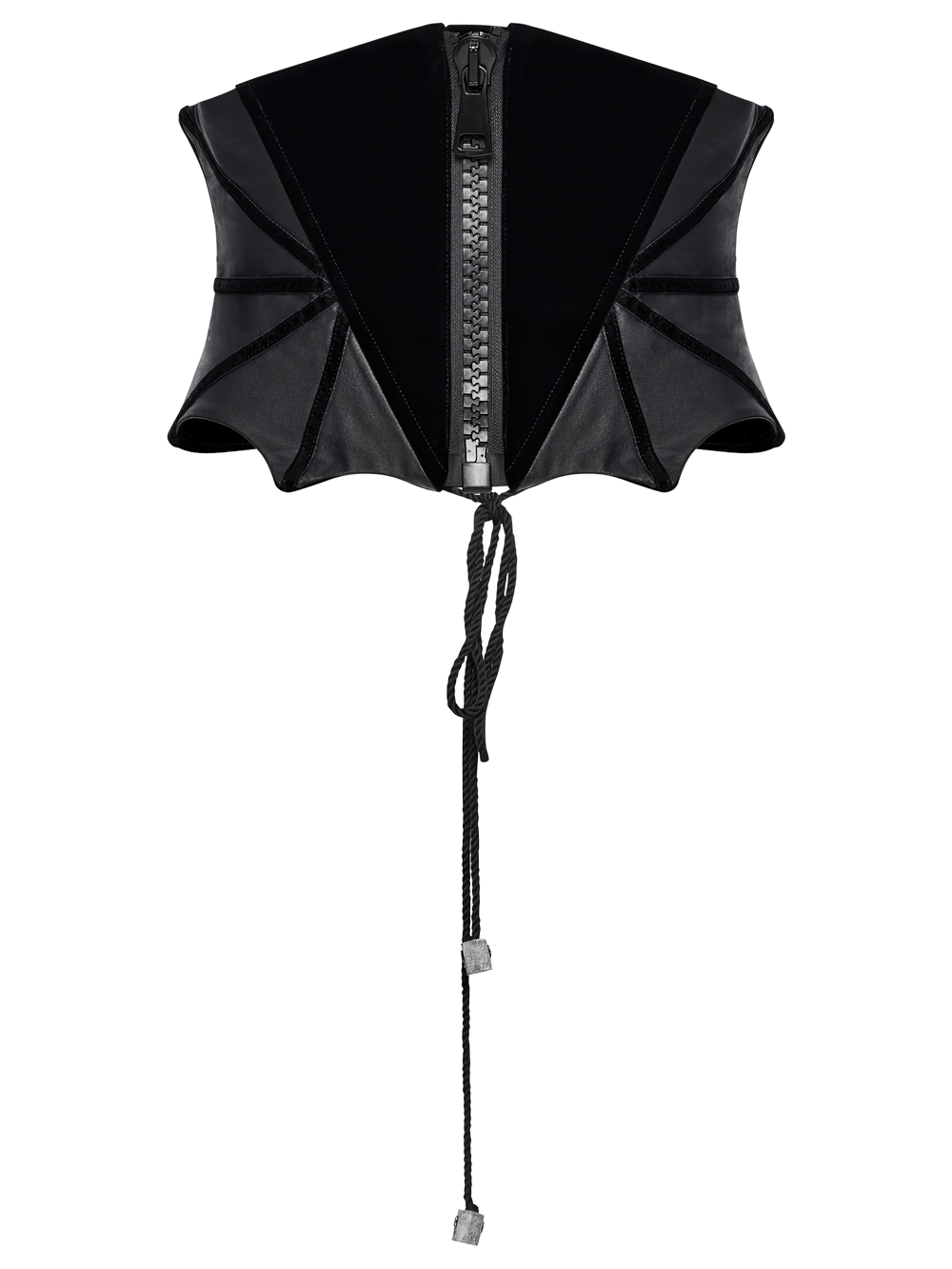 Gothic bat corset belt featuring velveteen fabric, spiderweb trim, and zipper detailing for an eerie allure.