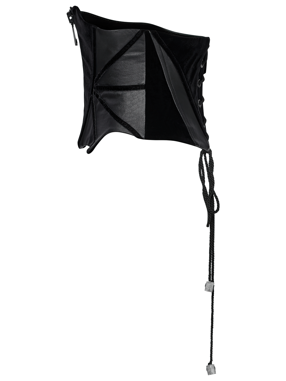 Gothic bat waist corset belt in black velvet with snakeskin panels and spiderweb trim.