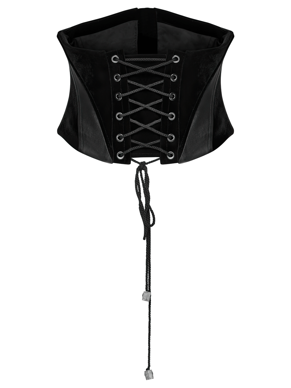 Gothic bat waist corset belt in black with velvet, PU panels, lace-up design, and skull accents.