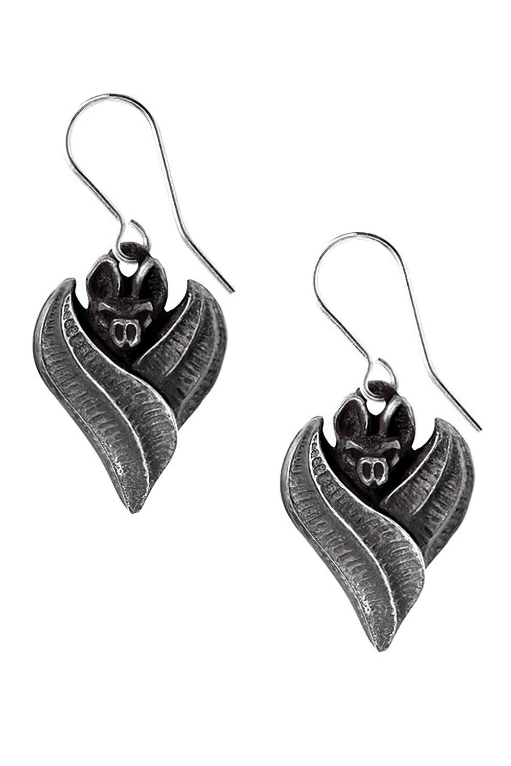 Gothic Bat Wing Earrings in Blackened Pewter Design featuring a roosting bat and hypoallergenic ear wires.