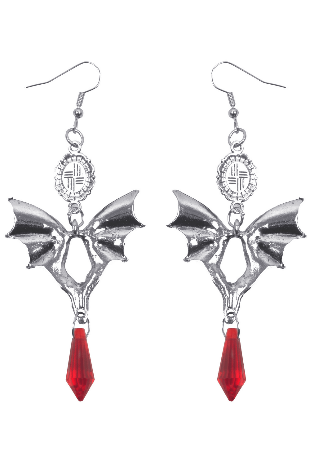 Gothic Bat Wing Earrings with Red Gemstone Accent