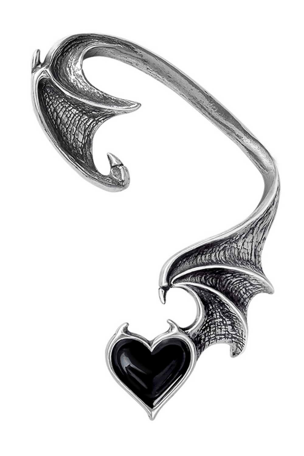 Gothic Bat Wing Earwrap with Black Heart Jewel Accent showcasing dark elegance and gothic design.