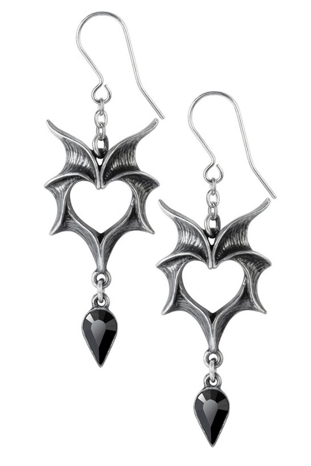 Gothic bat wing heart earrings with black crystal drop, perfect for adding an edgy touch to any outfit.