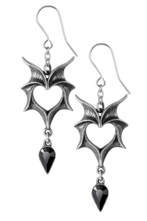 Boucles d'oreilles cœur ailes de chauve-souris gothiques avec goutte de cristal noir