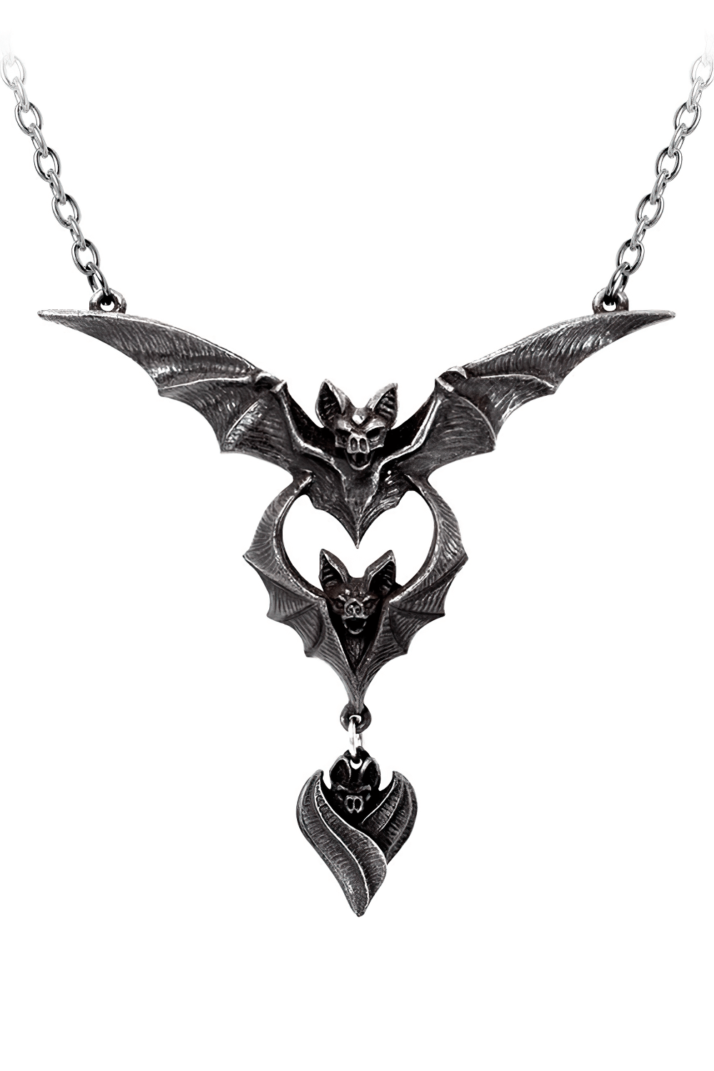 Gothic Bat Wing Necklace with Dark Evil-ution Design showcasing three detailed bats in blackened pewter.
