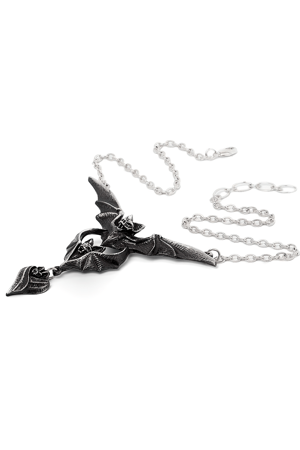 Gothic Bat Wing Necklace with Dark Evil-ution Design featuring detailed bats in blackened pewter.