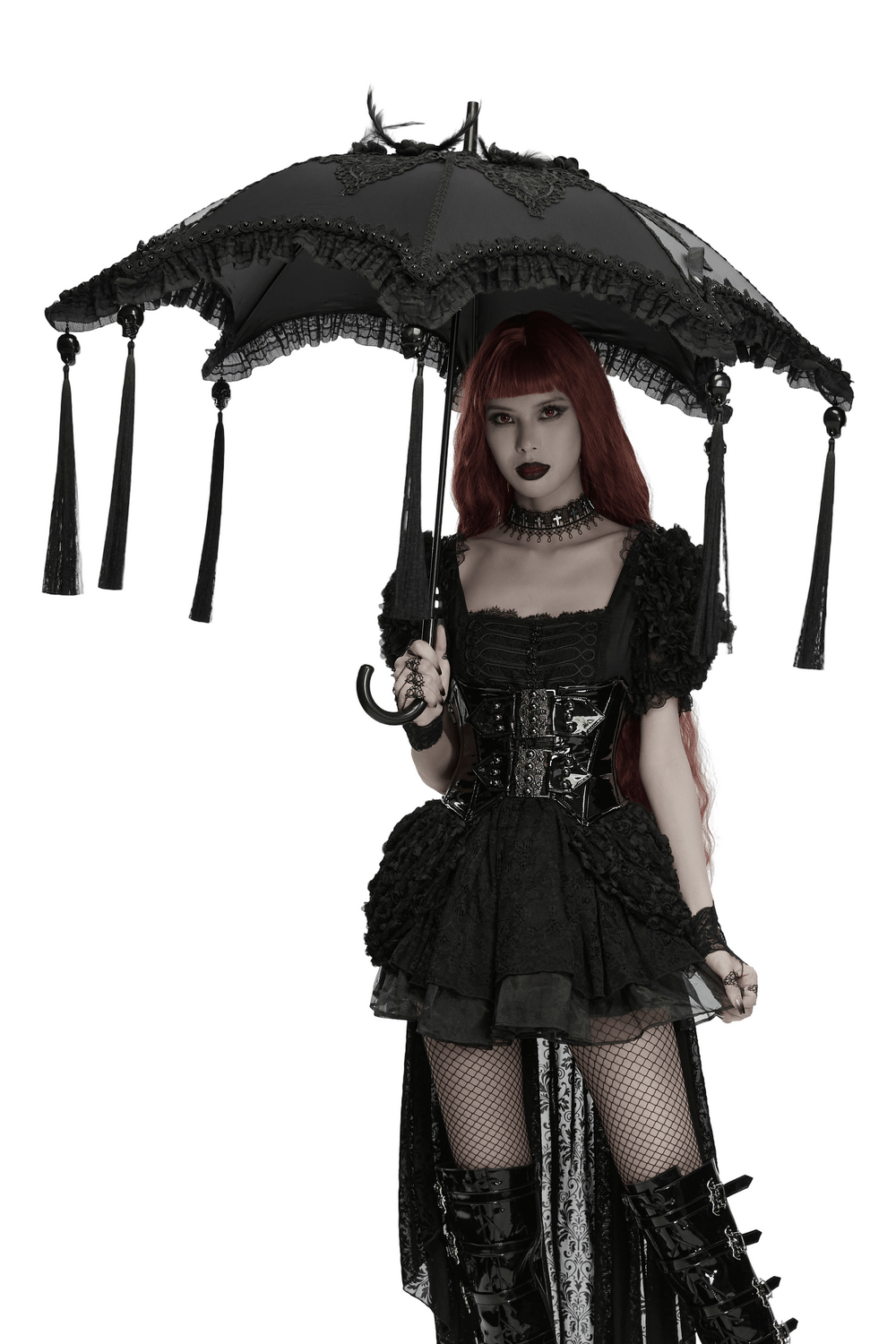 Gothic Bat Wing Parasol with Skull Tassel Details, a black Victorian umbrella with lace, feathers, and dramatic gothic style