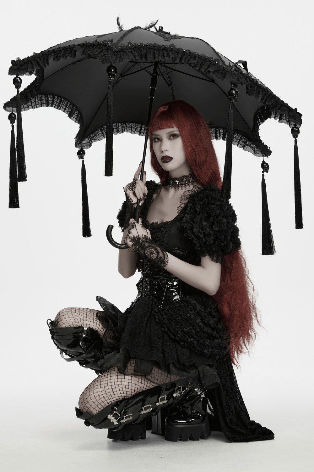 Gothic Bat Wing Parasol with Skull Tassel Details, black Victorian umbrella with lace trim and tassels for dark romantic style