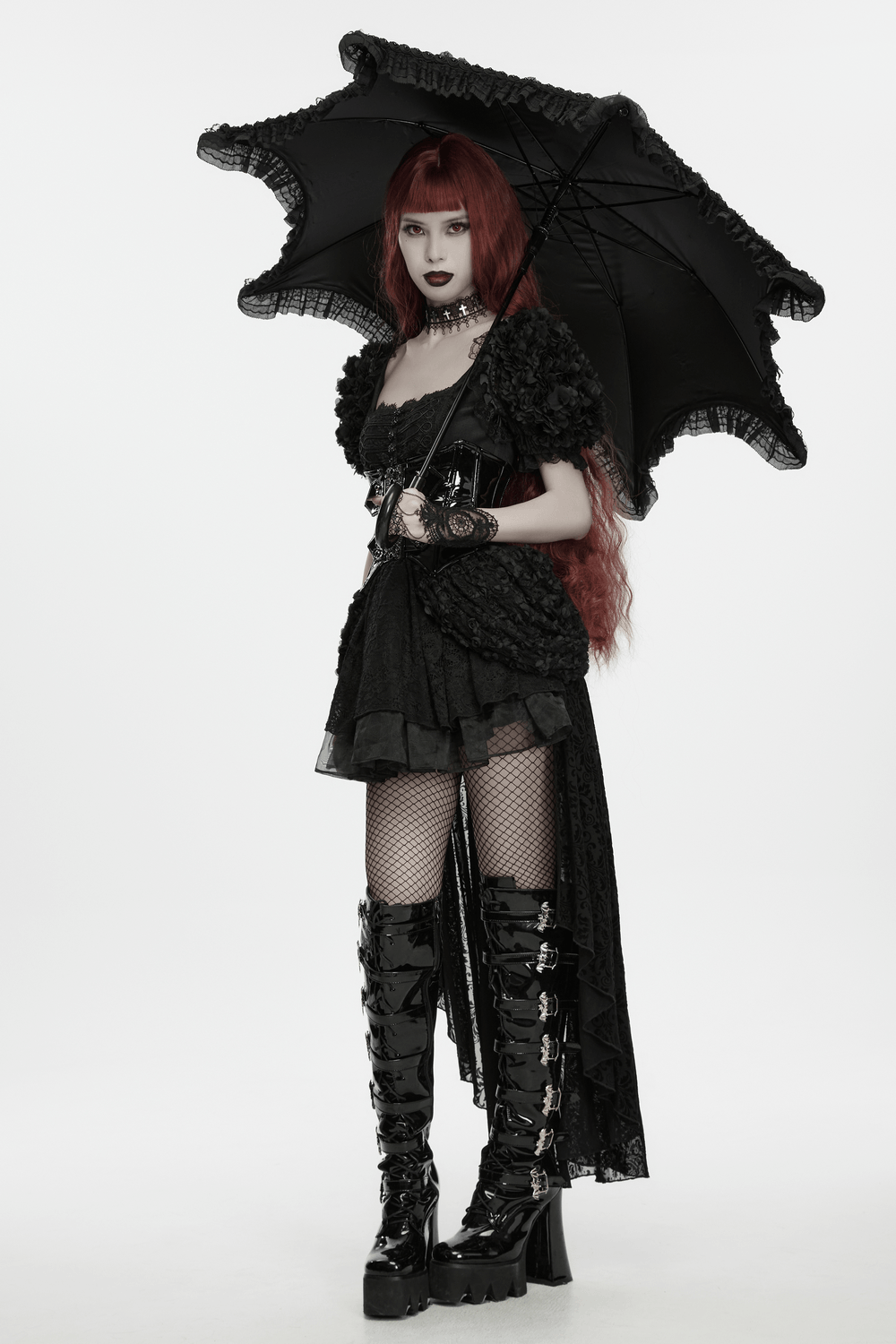 Gothic Bat Wing Parasol with Skull Tassel Details, black Victorian umbrella with lace trim and dramatic bat-wing canopy