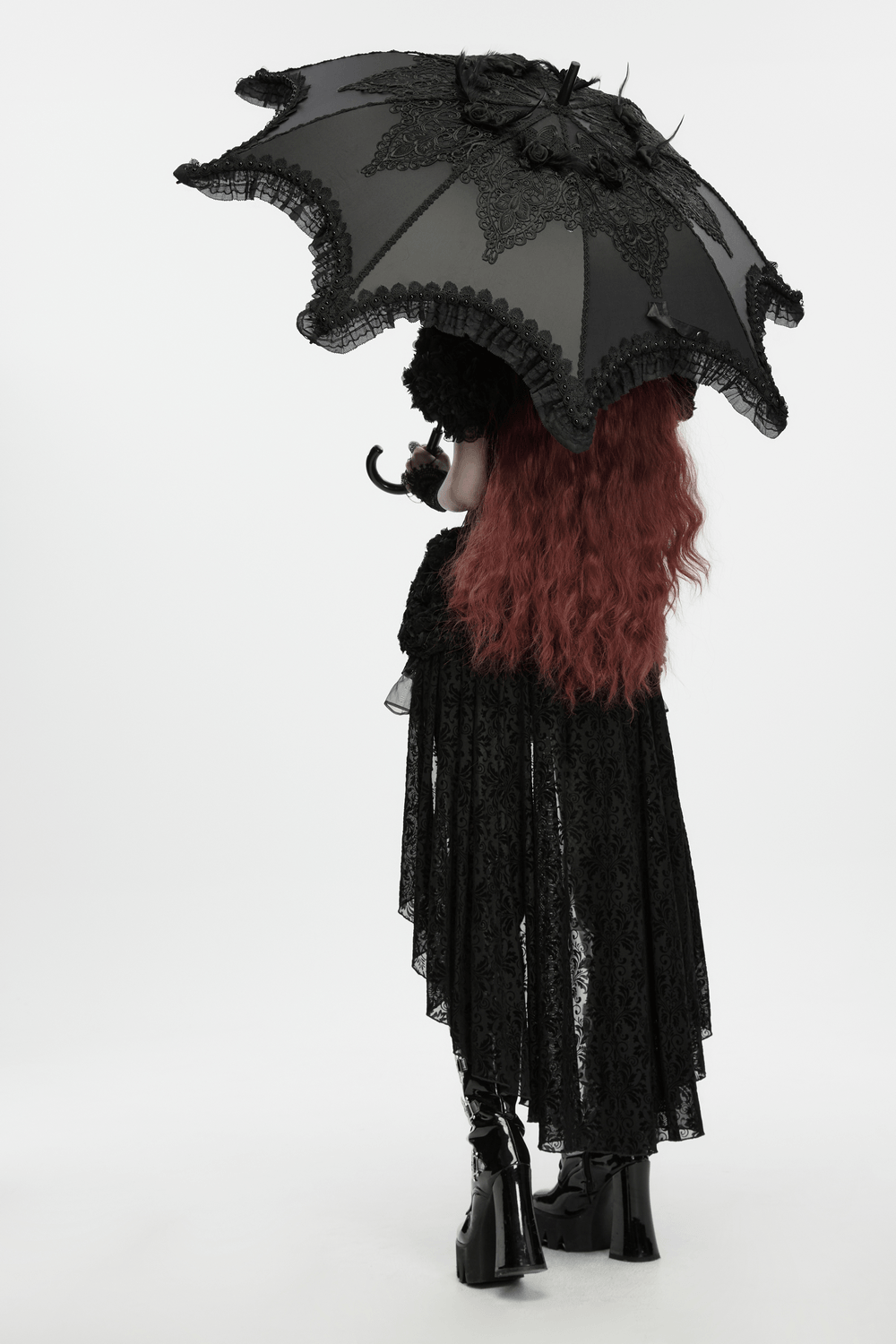 Gothic Bat Wing Parasol with Skull Tassel Details, bat-wing canopy, embroidery, feathers, and Victorian drama
