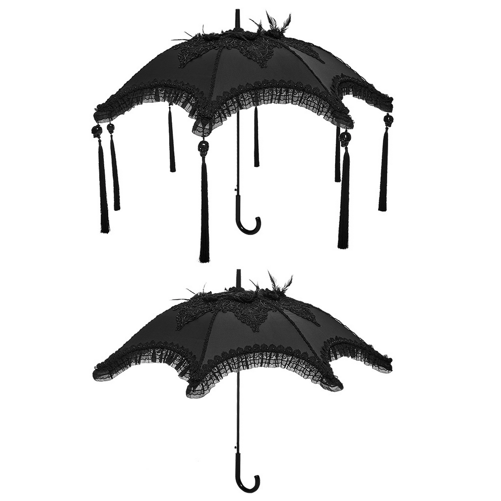 Gothic Bat Wing Parasol with Skull Tassel Details, black one-size Victorian umbrella with embroidery, feathers and curved handle