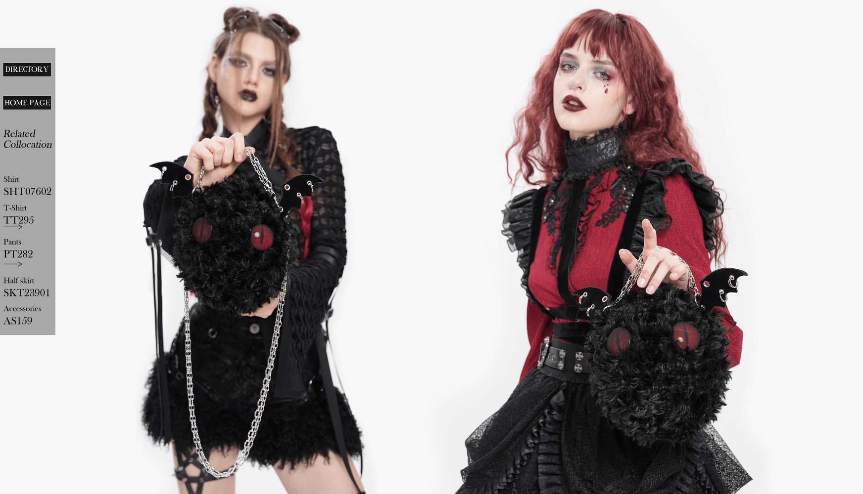 Gothic bat wing plush shoulder bag with chains and red eyes, carried by two stylish models in alternative fashion.