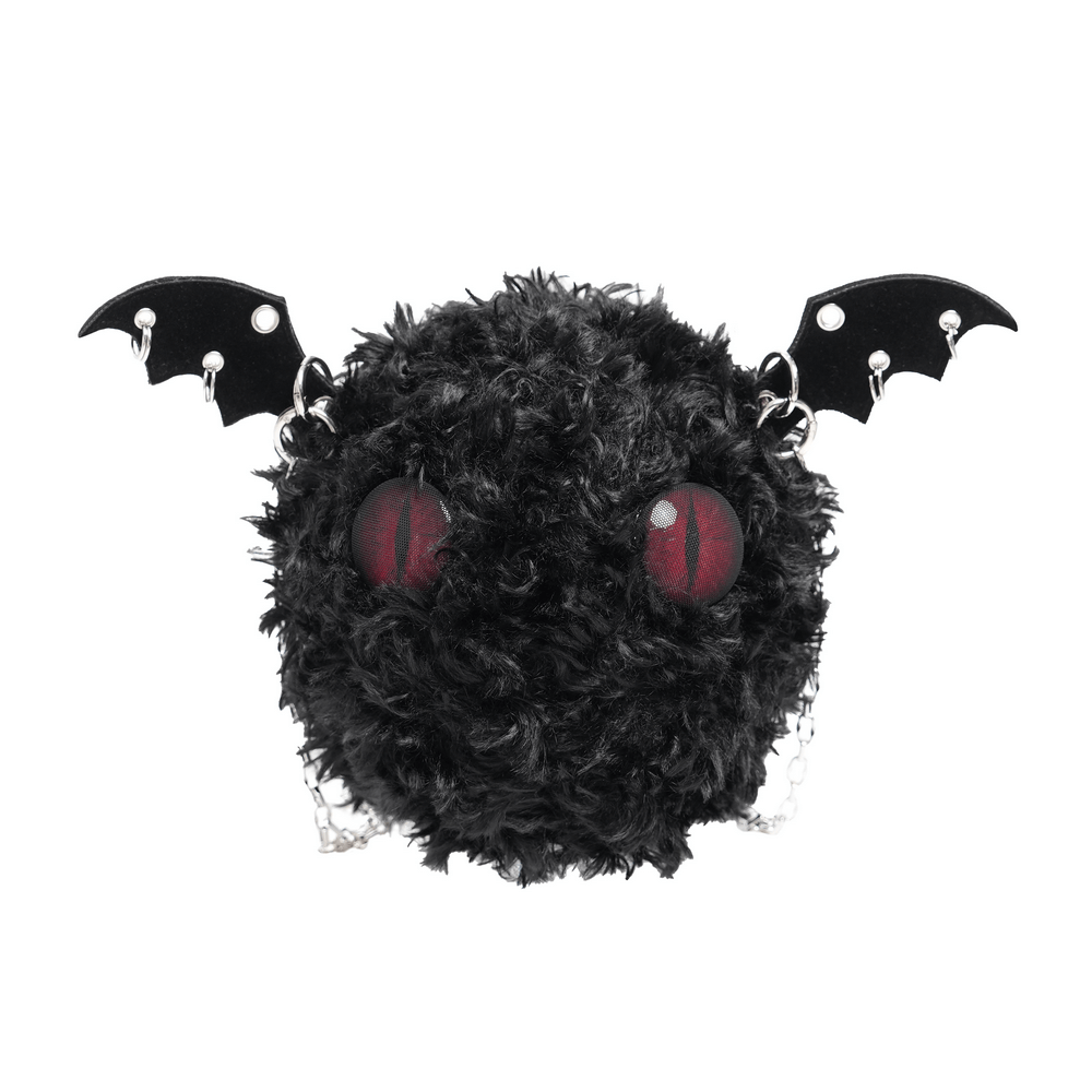 Gothic bat wing plush bag with red eyes, faux fur, and silver chains, perfect for alternative fashion lovers.
