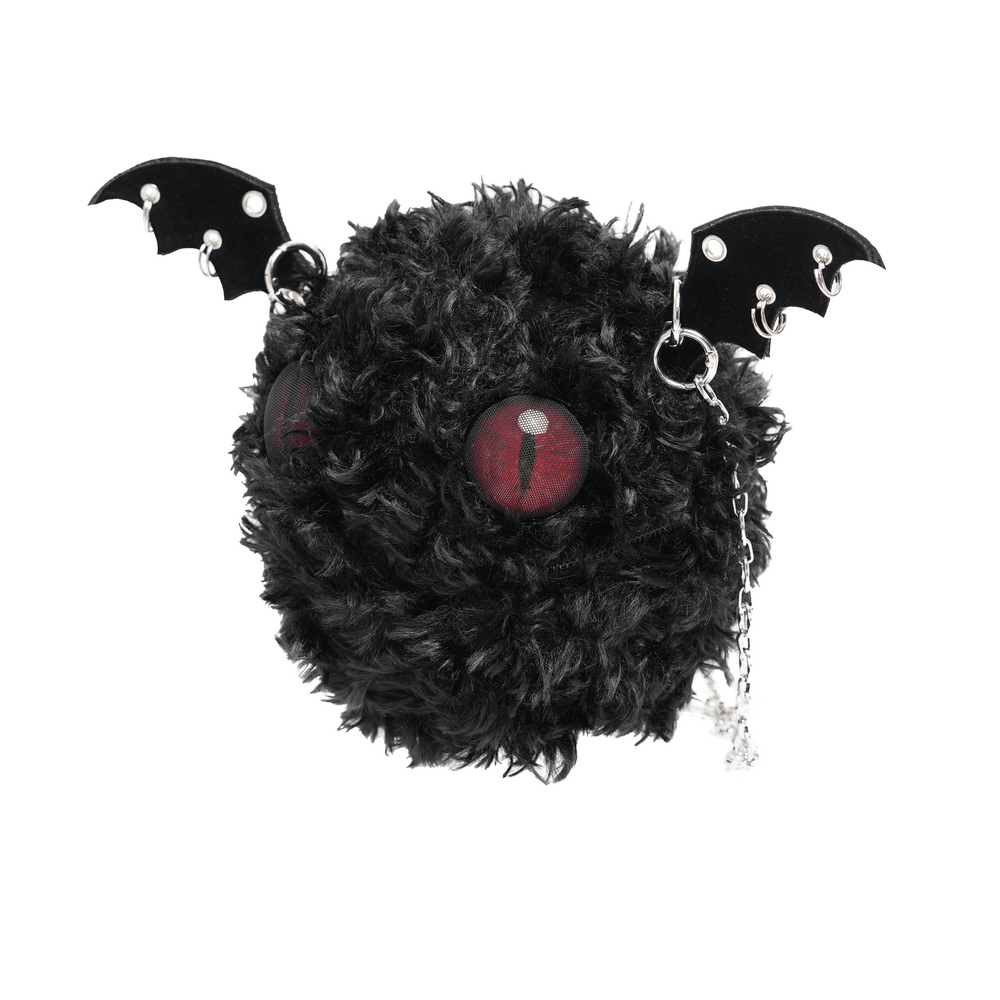 Gothic bat wing plush shoulder bag with chains and red eyes, perfect for alternative and punk fashion.