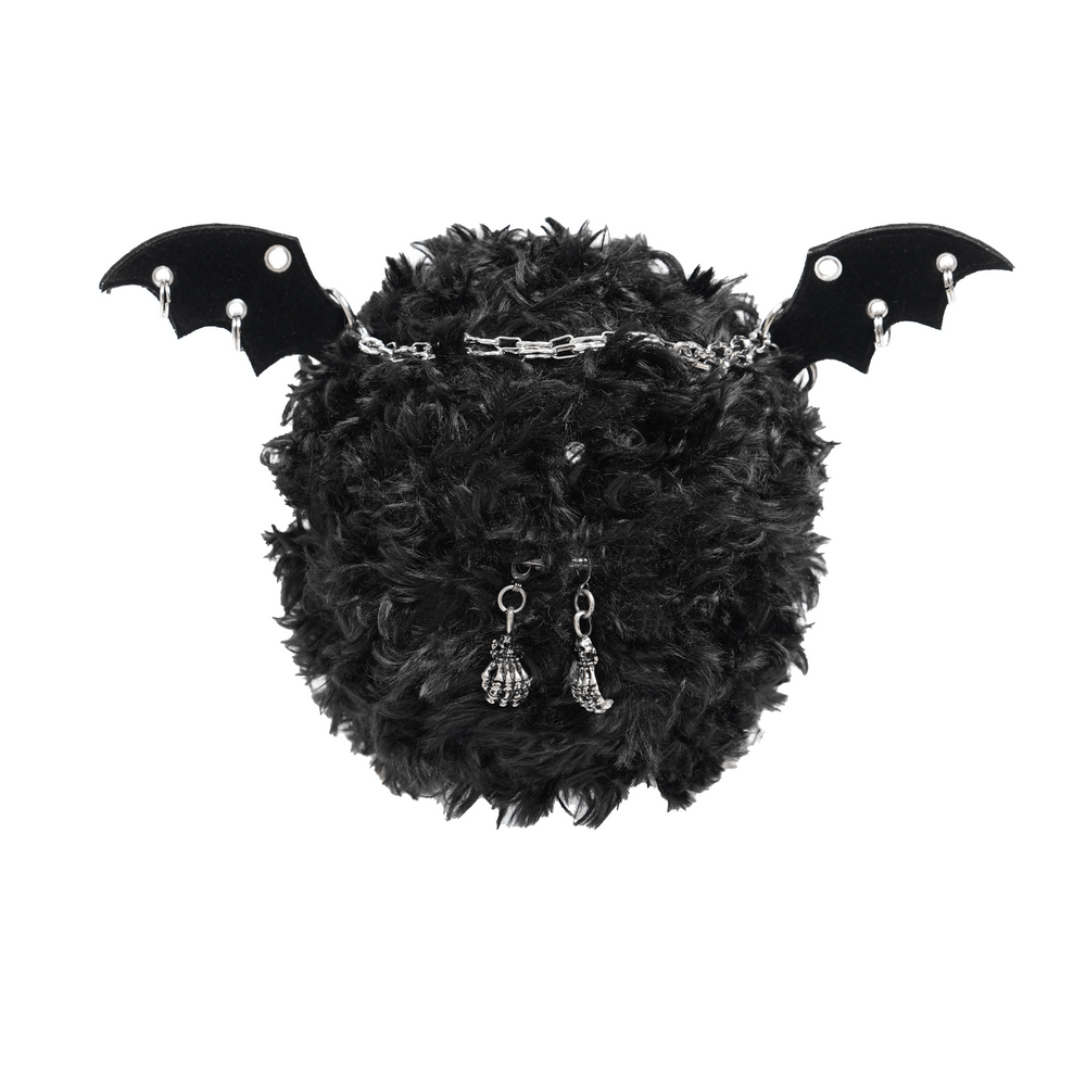 Gothic bat wing plush shoulder bag with chains, red eyes, and skeleton hand charms, perfect for alternative fashion.