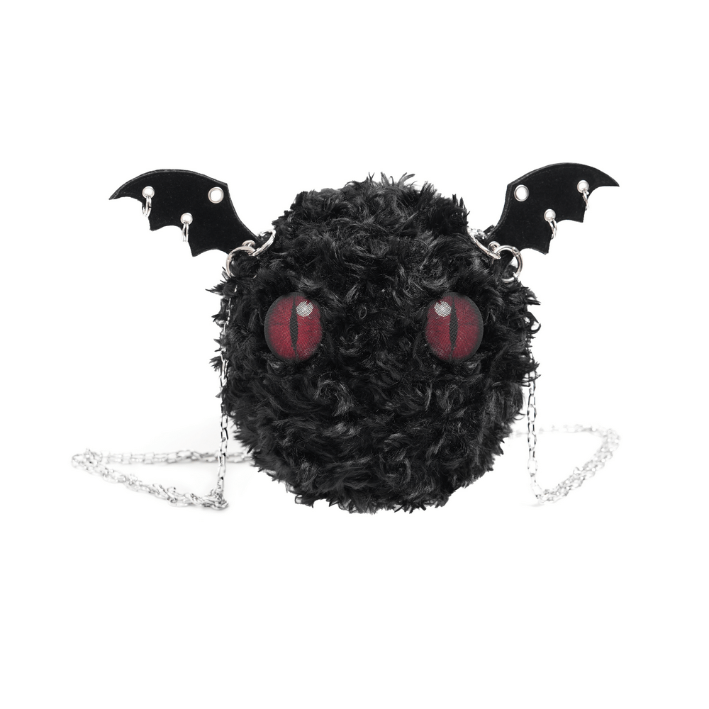 Gothic bat wing plush shoulder bag with red eyes and silver chain straps, perfect for alternative fashion.