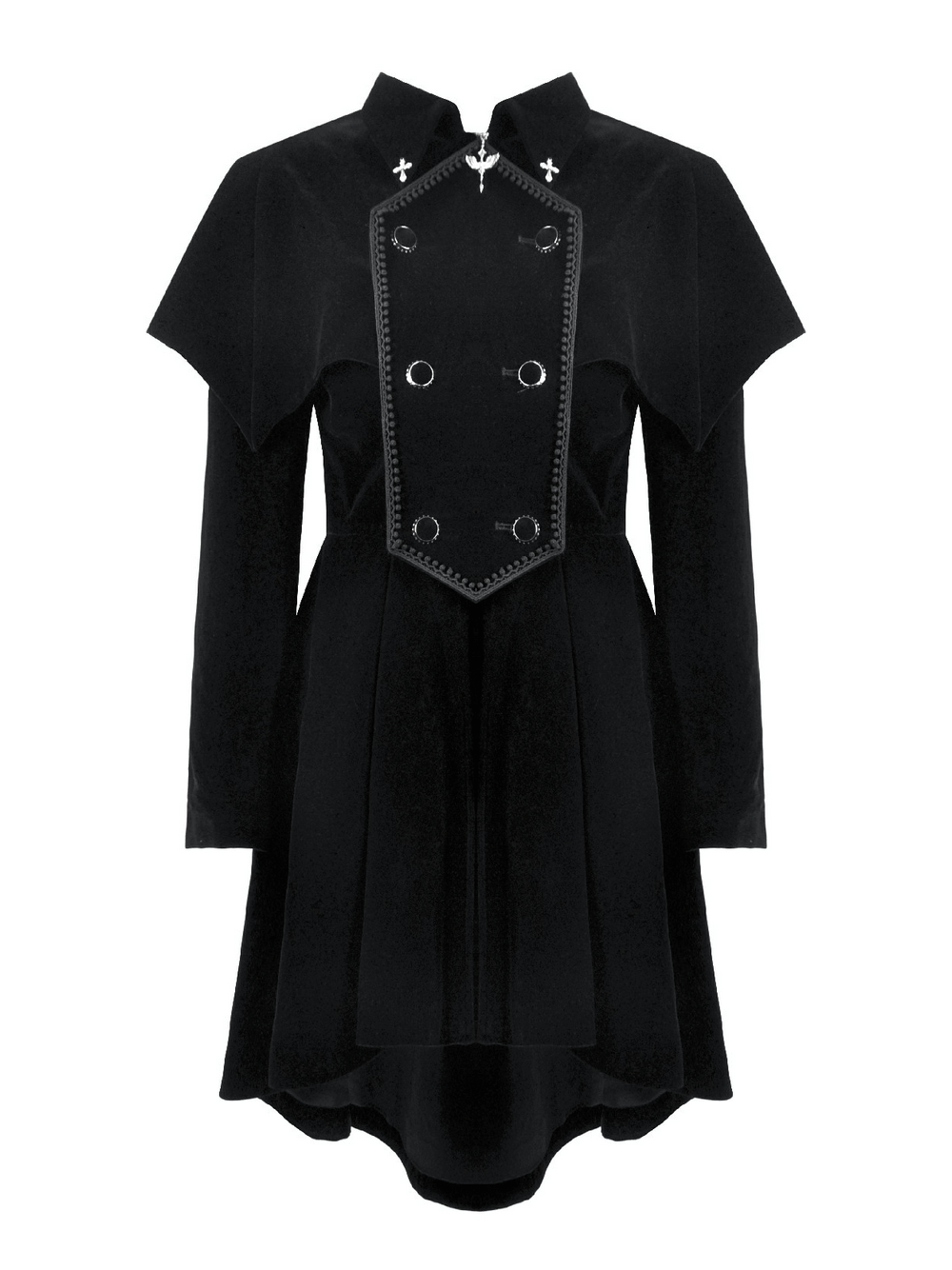 Gothic Bat-Winged Velvet Coat with Cross Collar Detail showcasing structured silhouette and detachable shoulder cape.
