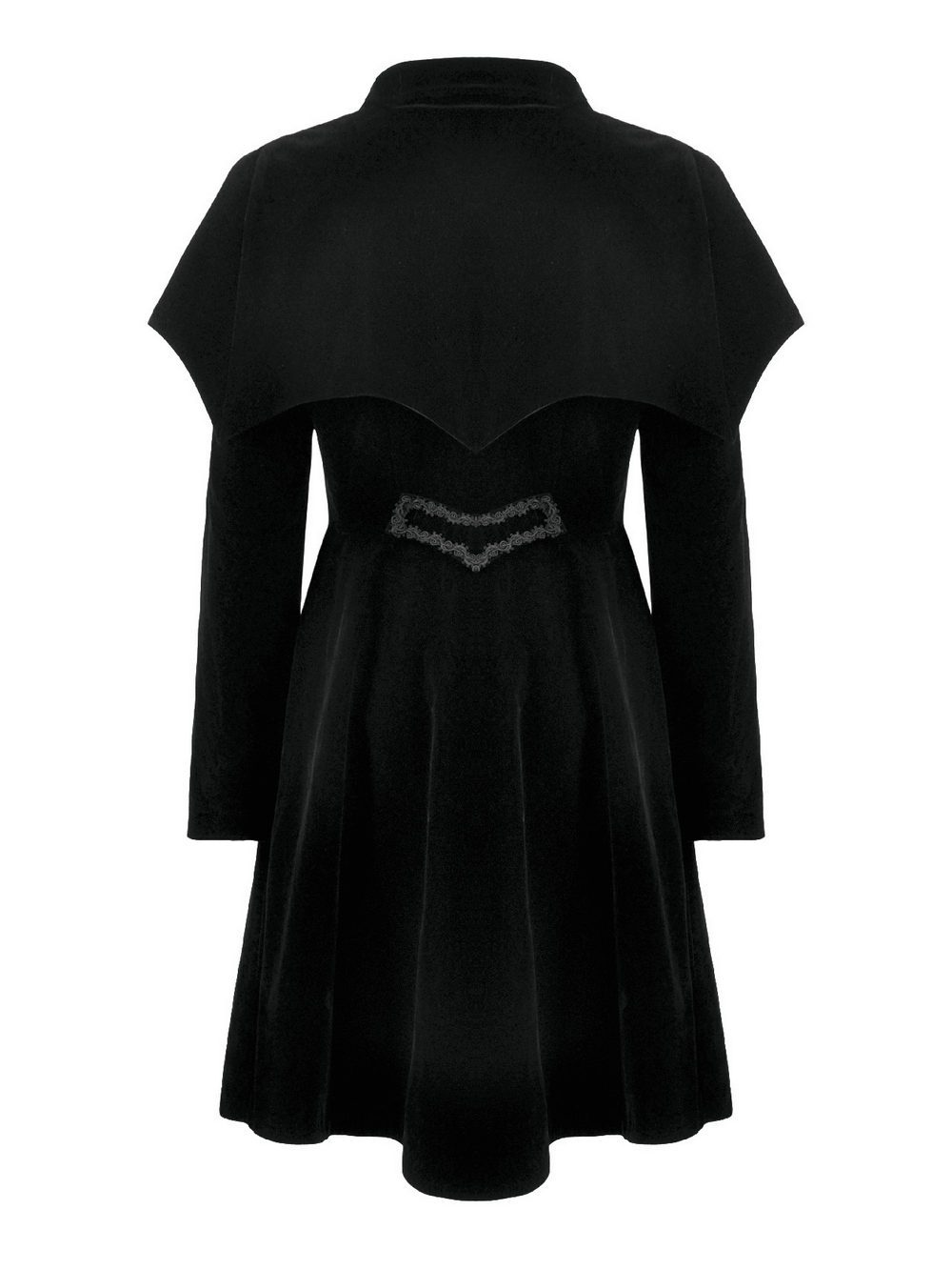 Back view of Gothic Bat-Winged Velvet Coat with Cross Collar Detail featuring a cape and elegant flared hem.