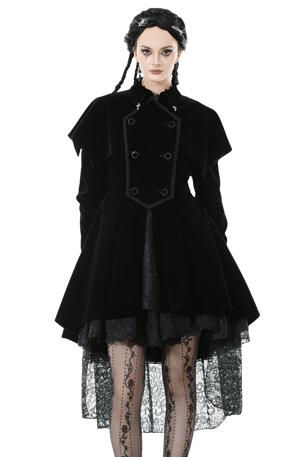 Gothic Bat-Winged Velvet Coat with Cross Collar Detail displayed on model, featuring a structured silhouette and detachable cape.