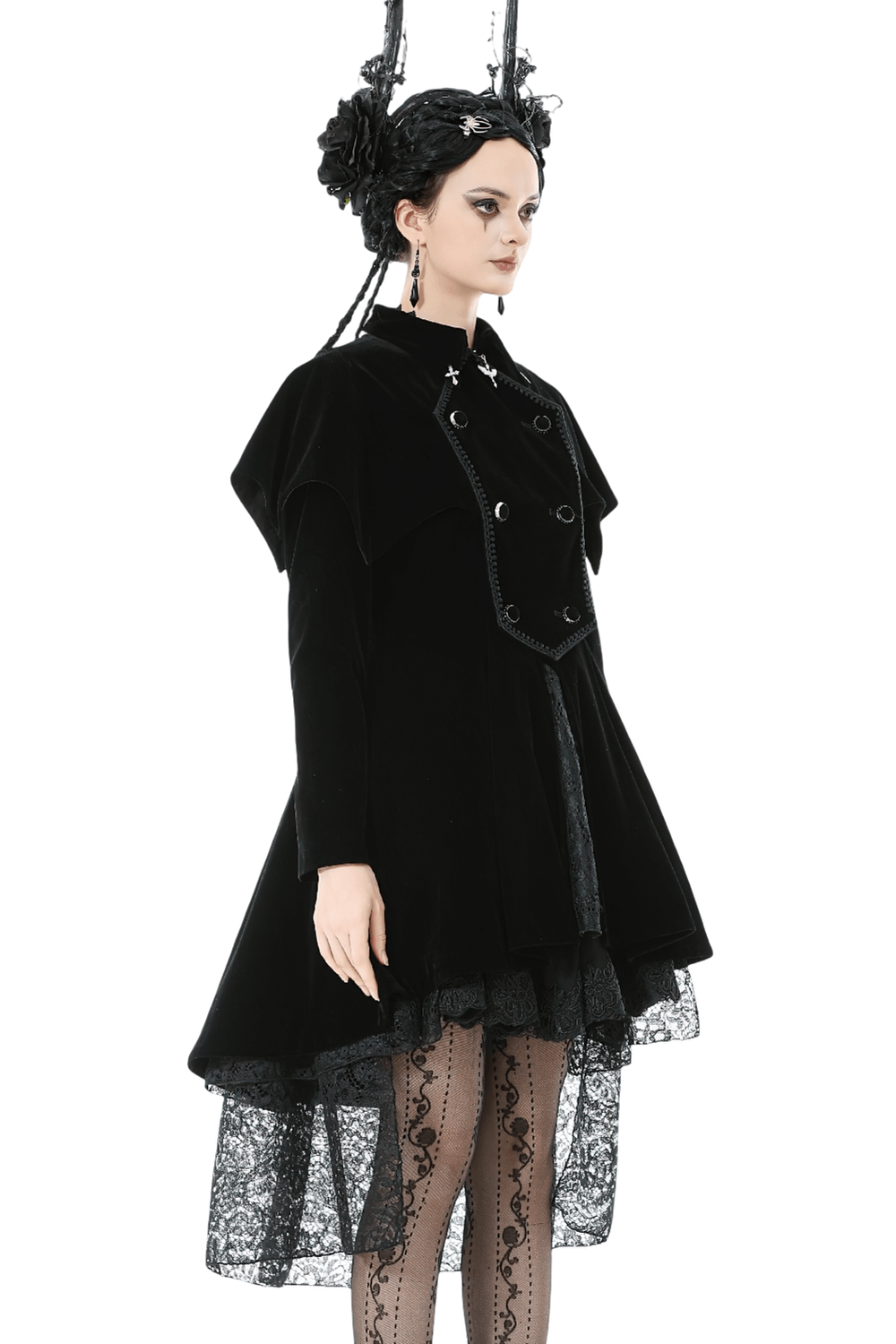 Gothic Bat-Winged Velvet Coat with Cross Collar Detail elegantly displayed on a model, showcasing its structured silhouette and shoulder cape.