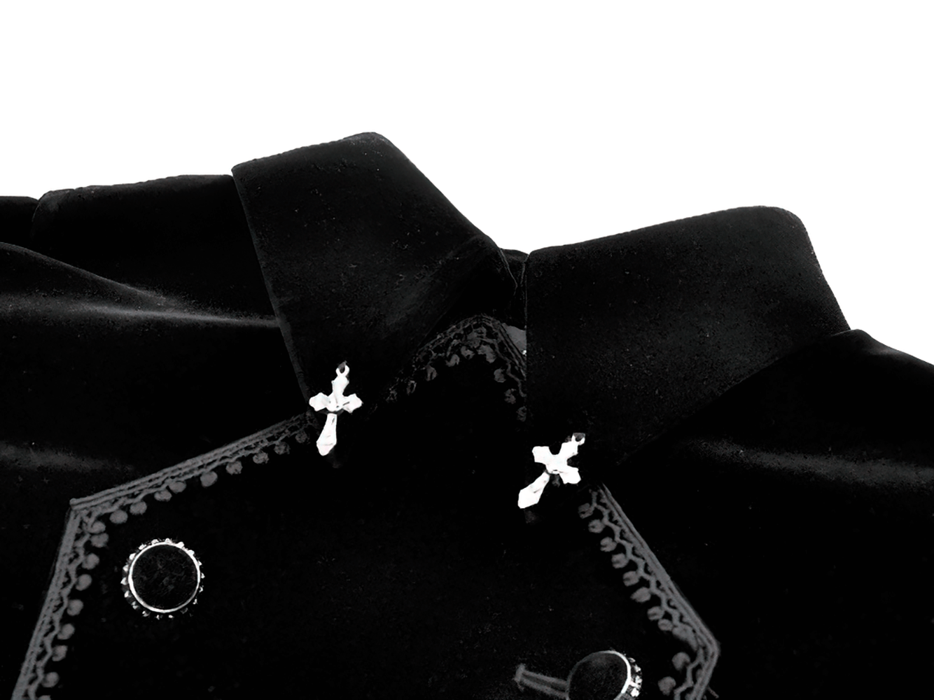 Close-up of Gothic Bat-Winged Velvet Coat with Cross Collar Detail showcasing the intricate collar design and metal accents.