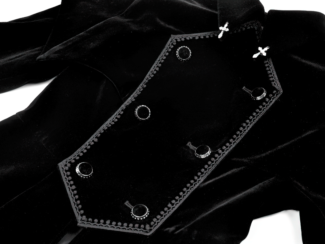 Gothic Bat-Winged Velvet Coat with Cross Collar Detail showcasing intricate cross collar and metal ring accents.