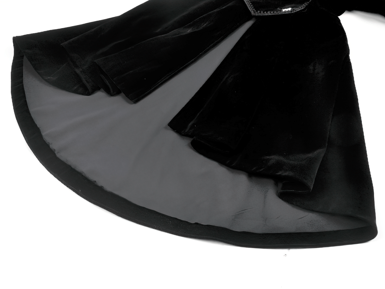 Gothic Bat-Winged Velvet Coat with Cross Collar Detail showcasing luxurious black velvet fabric and flared hem design.