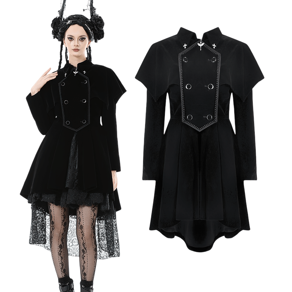Gothic Bat-Winged Velvet Coat with Cross Collar Detail on a model, showcasing its dark romantic flair and structured silhouette.