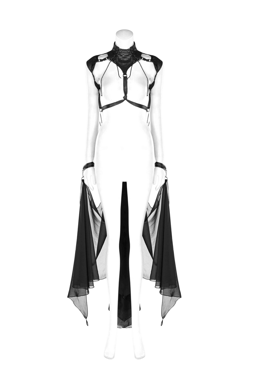Gothic batwing cape with cracked PU and chiffon, featuring adjustable harness and flowing silhouette.