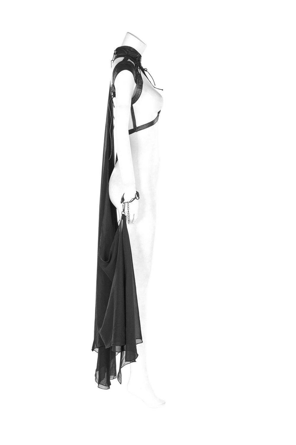 Gothic batwing cape in cracked PU leather and chiffon, showcasing adjustable fittings and detachable bat-shaped design.