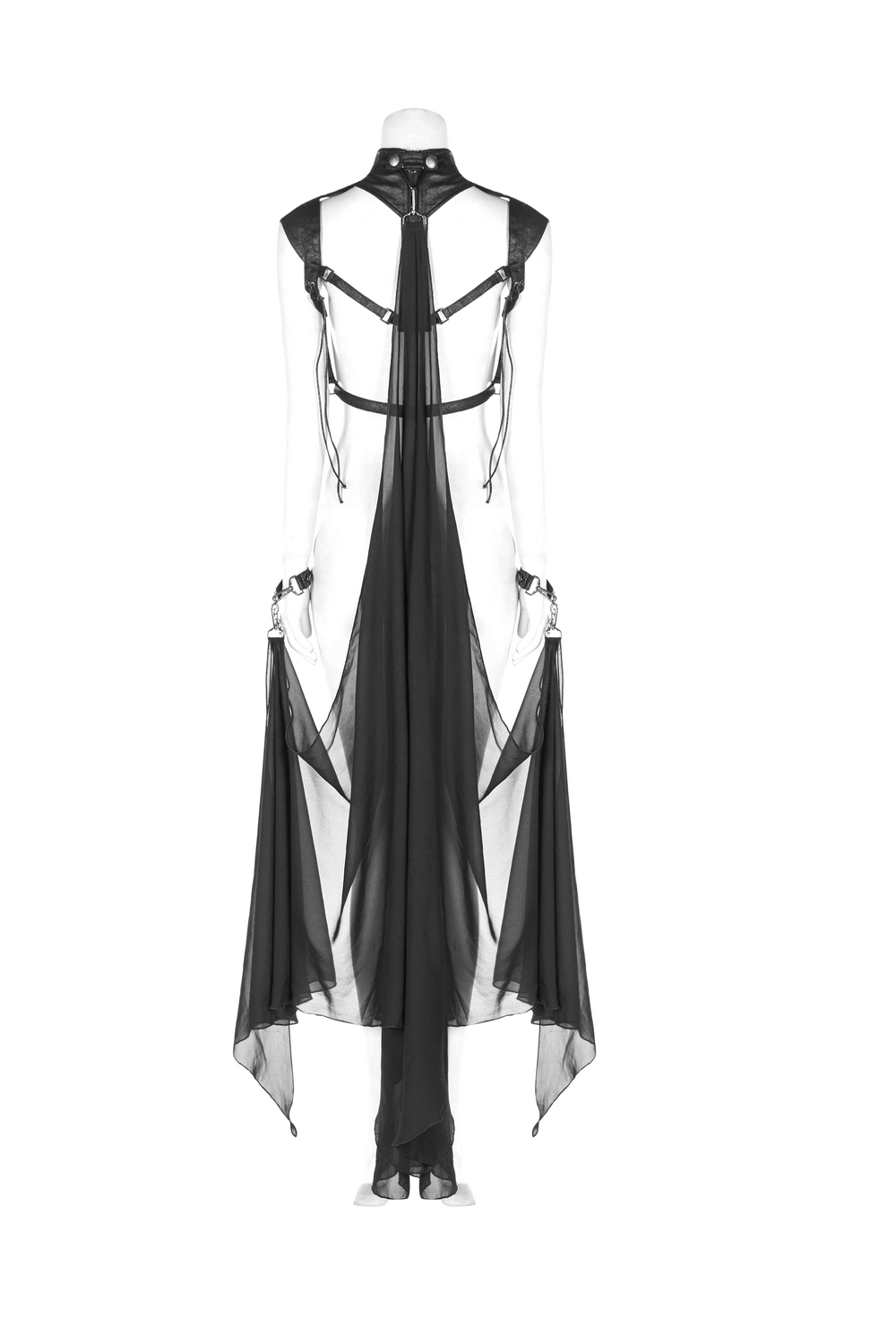 Gothic Batwing Cape showcasing premium cracked PU leather and light chiffon, with adjustable fittings and bat-shaped design.