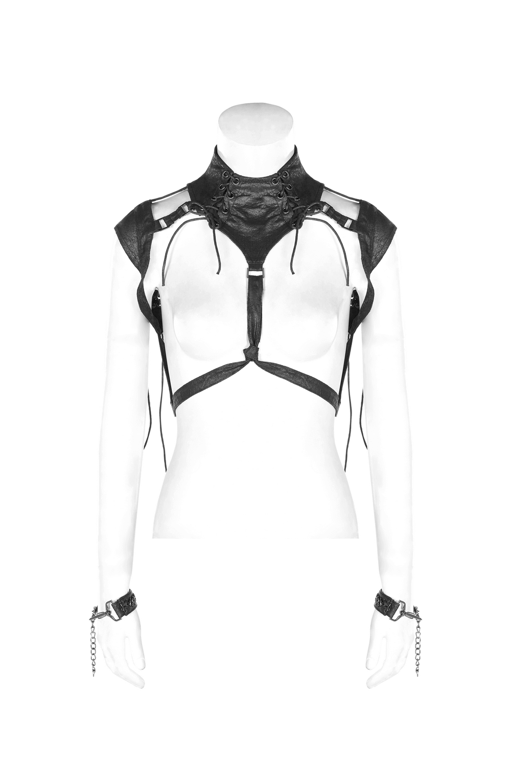 Gothic harness with batwing design in black, featuring straps and lace for a dark, edgy look.