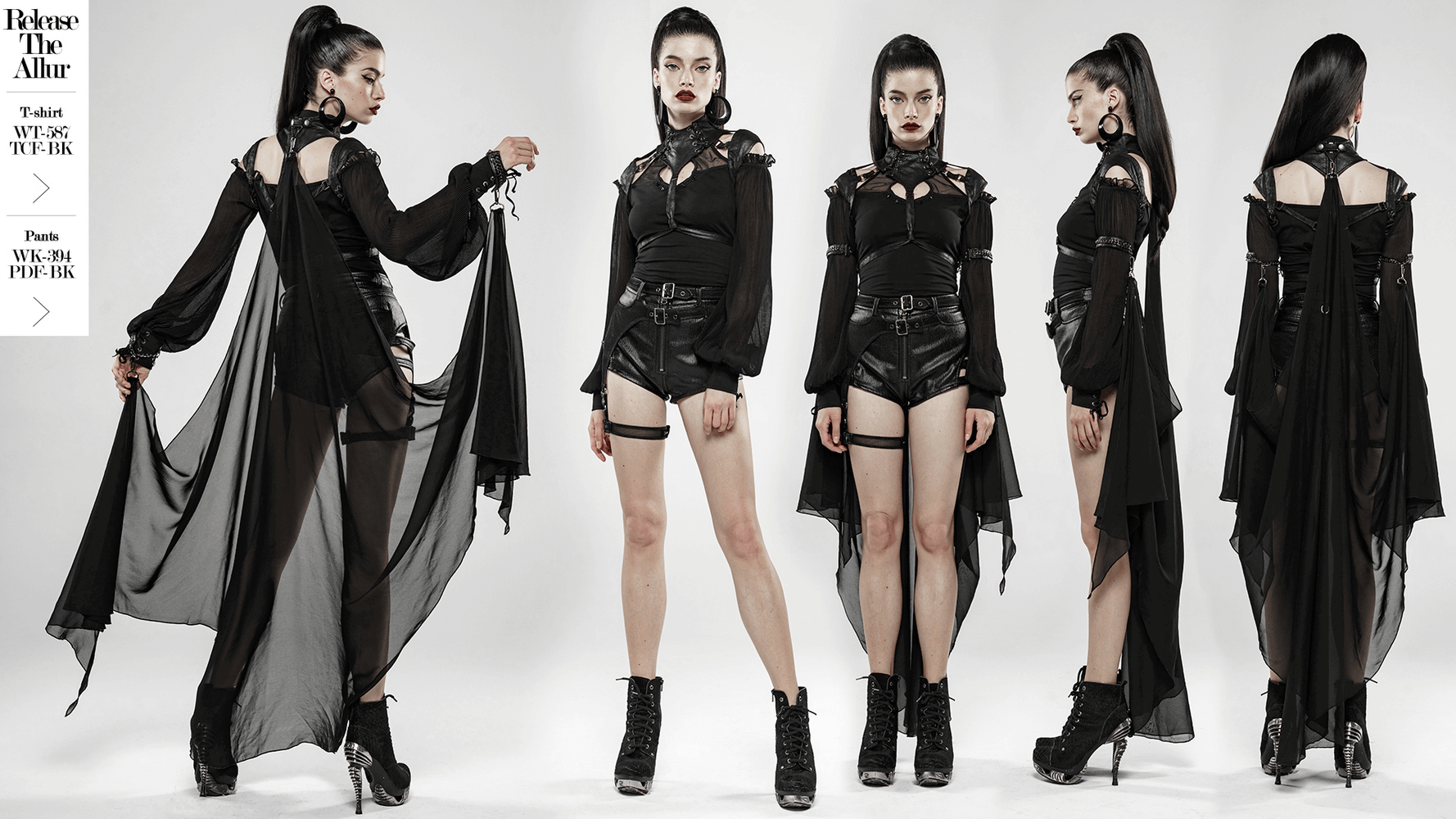 Gothic batwing cape showcases dark elegance with flowing chiffon and adjustable fittings for a perfect silhouette.