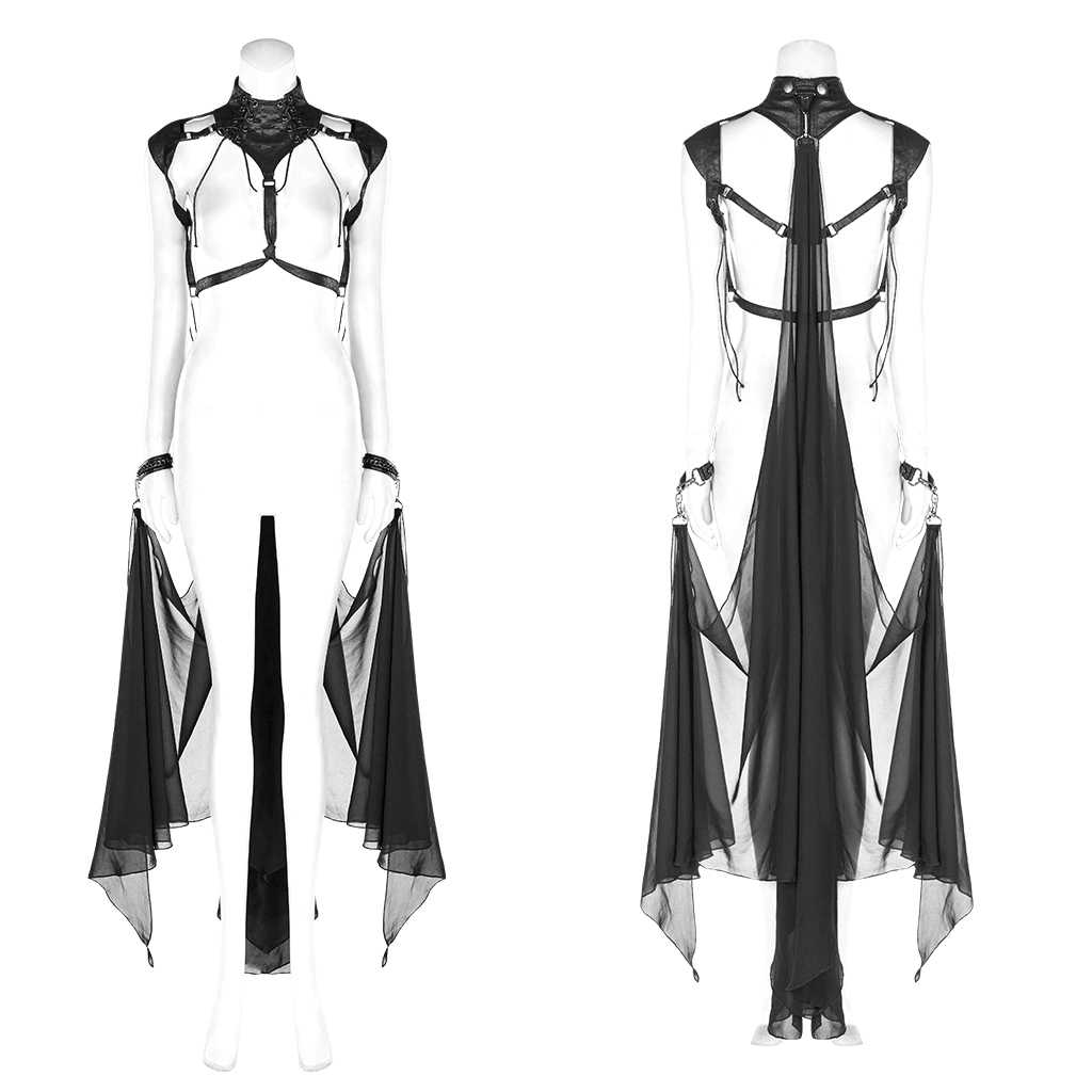 Gothic Batwing Cape with delicate chiffon and adjustable harness, showcasing dark elegance and versatile style.