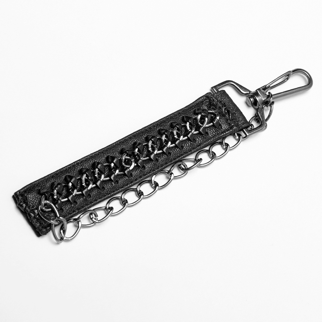 Stylish black leather keychain with chain detail and lobster clasp for a gothic accessory look.