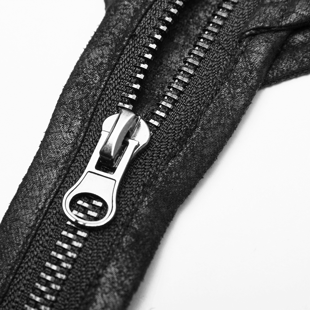 Close-up of a sleek black metal zipper on gothic batwing cape, adding edgy elegance to your dark attire.