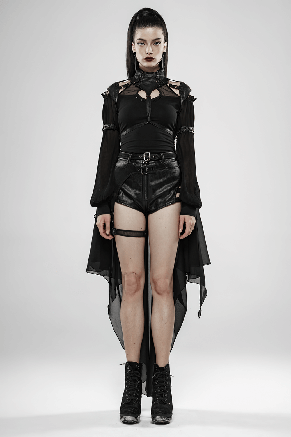 Gothic Batwing Cape with Cracked PU and Light Chiffon