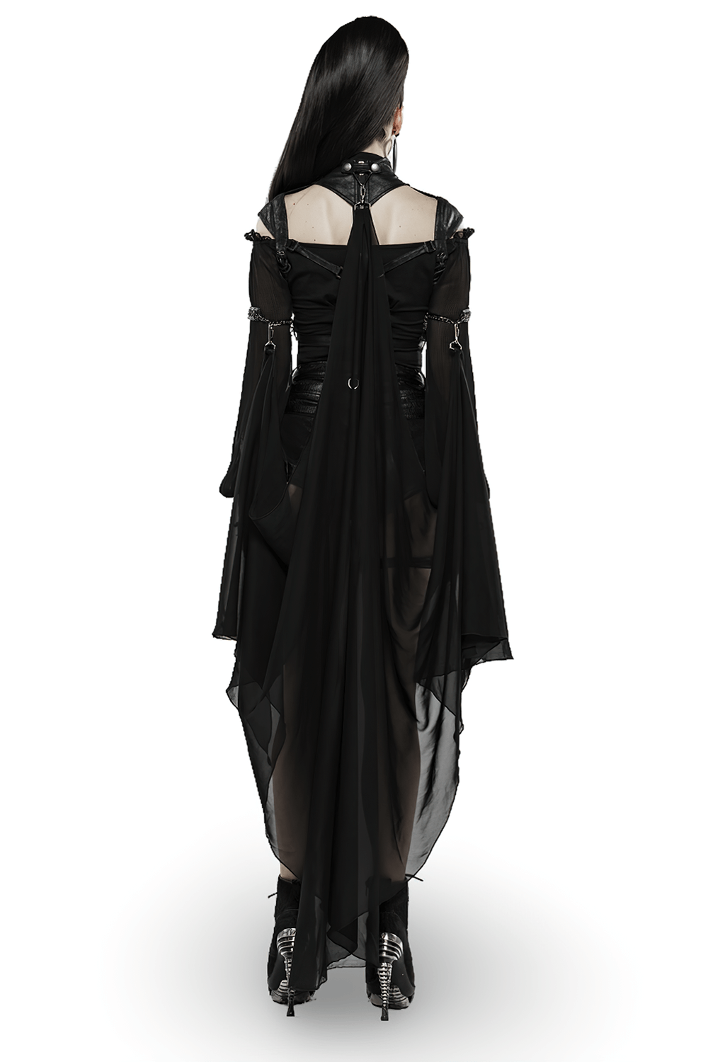 Back view of a Gothic Batwing Cape with cracked PU and chiffon, showing elegant bat-inspired design and adjustable fittings.