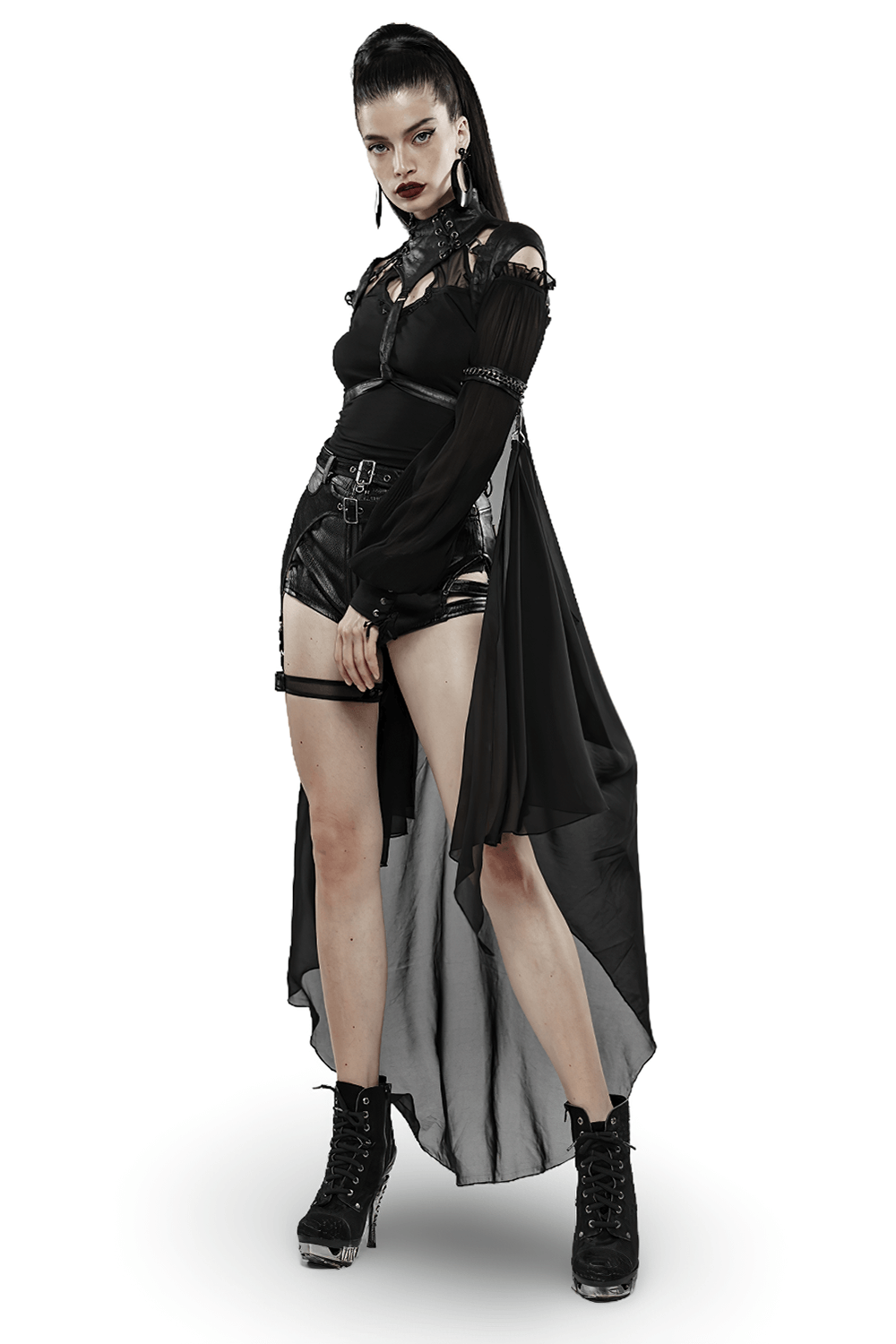 Gothic Batwing Cape outfit featuring cracked PU leather, chiffon, and stylish accessories for dark elegance.