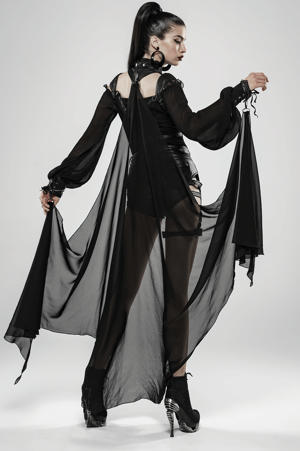 Gothic Batwing Cape with Cracked PU and Light Chiffon