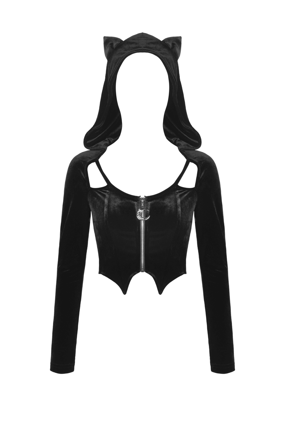 Gothic black velvet batwing hoodie with cat ears and silver pendant, perfect for edgy fashion lovers.