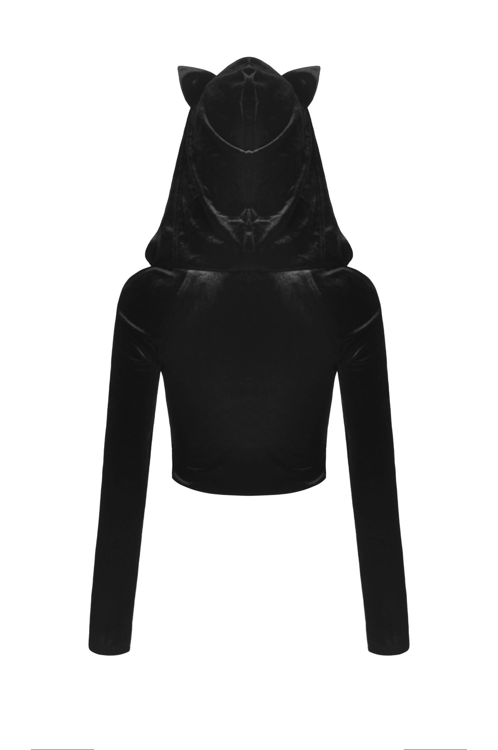 Gothic black velvet batwing hoodie with cat ears and a silver pendant, showcased from the back.
