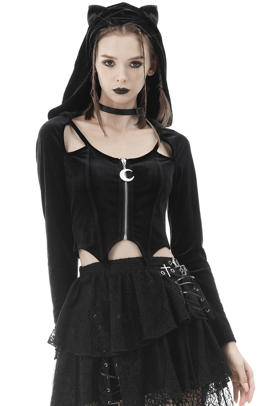 Gothic black velvet batwing hoodie with cat ears, silver pendant, and edgy cut-out design.
